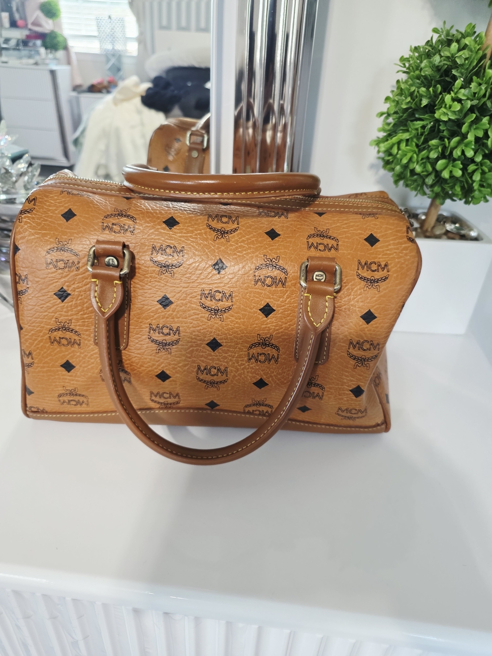 Authentic MCM Cognac Visetos Boston Tote Bag - Picture 7 of 9